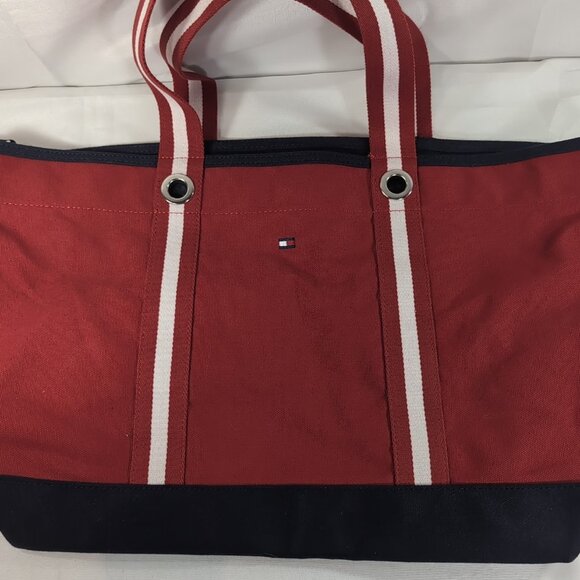 Tommy Hilfiger Tote Bag Matching Pouch Set Red Navy Blue Stripe Straps Large - Picture 3 of 13